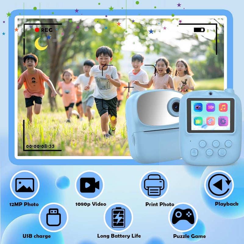 ICONLINK Kids Camera Instant Print for Kids, Kid Camera Instant with Mirror, HD Dual-Lens Selfie Digital Camera with 3 Rolls Print Paper & 32GB Card, Holiday Birthday Gifts Toys for Girls Boys Toddler.（Blue - Image 3